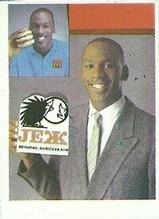 1989 KOS/JEZ Yugoslavian Stickers #123 Michael Jordan - dressed in a suit, posed with JEZ logo Front