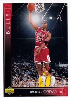 1993-94 Upper Deck #23 Michael Jordan - VAR: Upper right corner of photo is different, .522 career FG%, born "Feb." instead of "February." Front