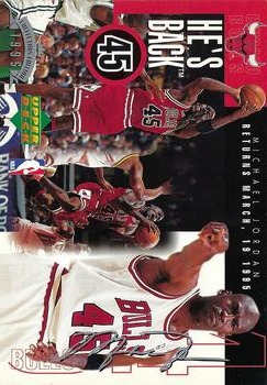 1995 Upper Deck Authenticated Michael Jordan He's Back #NNO Michael Jordan - Bio on back describes the conclusion of the 1994-95 season Front