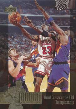 1995-96 Upper Deck The Jordan Collection Jumbo #JC23 Third Consecutive NBA Championship Front