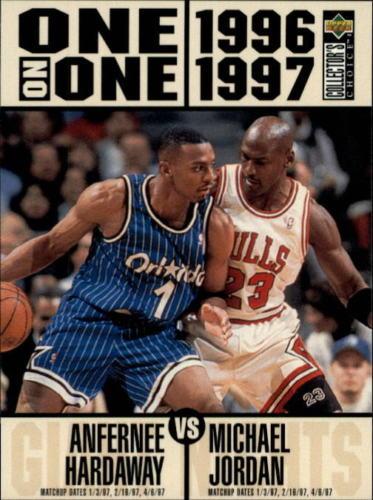 1996-97 Collector's Choice - One on One 5x7 Jumbo #1 Anfernee Hardaway / Michael Jordan Front