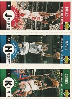 1996-97 Collector's Choice French - Mini-Cards Panels #M11 / M60 / M78 Michael Jordan / Anfernee Hardaway / Shawn Kemp Front