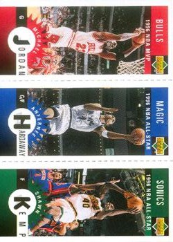 1996-97 Collector's Choice German - Mini-Cards Panels #M11 / M60 / M78 Michael Jordan / Anfernee Hardaway / Shawn Kemp Front