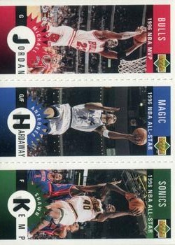 1996-97 Collector's Choice Spanish - Mini-Cards Panels #M11 / M60 / M78 Michael Jordan / Anfernee Hardaway / Shawn Kemp Front
