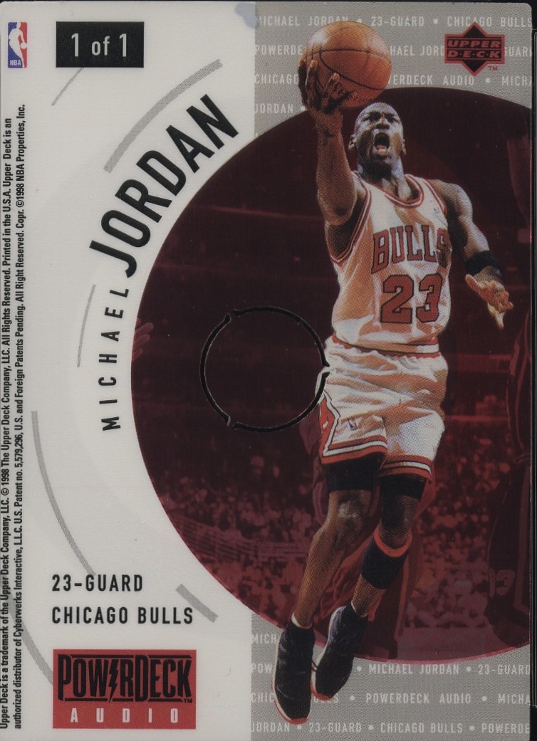 1997-98 Upper Deck - PowerDeck Audio Michael Jordan #NNO Michael Jordan - VAR: White jersey (Information card, no audio) Front
