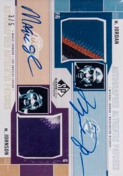 2002-03 SP Game Used - Autographed Authentic Patches Dual #MJ/MG-AP Michael Jordan / Magic Johnson Front