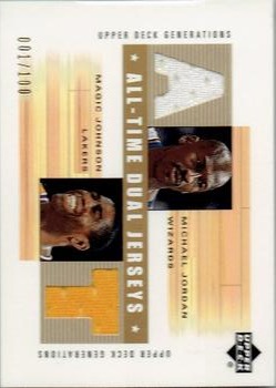 2002-03 Upper Deck Generations - All-Time Dual Jerseys #MJ/MG-J Michael Jordan / Magic Johnson Front