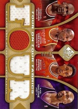 2009-10 SP Game Used - 4 on 4 Fabrics 65 #NNO Michael Jordan / Clyde Drexler / Scottie Pippen / Karl Malone / Patrick Ewing / David Robinson / Dan Majerle / Hakeem Olajuwon Front