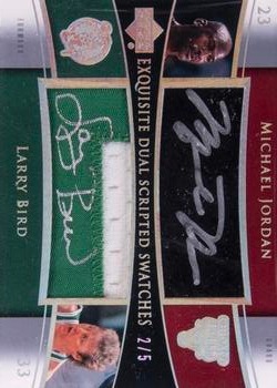 2004-05 Upper Deck Exquisite Collection - Dual Scripted Swatches #SS2-JL Michael Jordan / Larry Bird Front