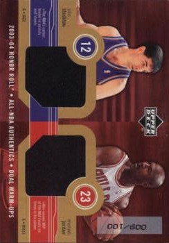 2003-04 Upper Deck Honor Roll - All-NBA Authentics Dual Warm Ups Gold #JS/MJ John Stockton / Michael Jordan Front